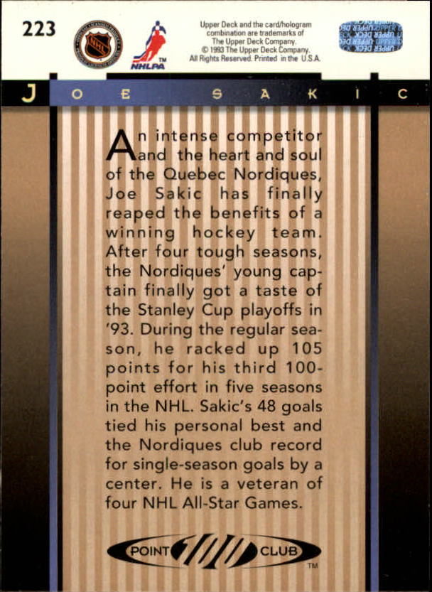 1993/94 Donruss Hockey Card #282 Joe Sakic Quebec Nordiques NM/MT-MT