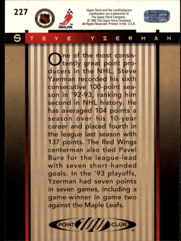 1993-94 Upper Deck #227 Steve Yzerman 100 back image