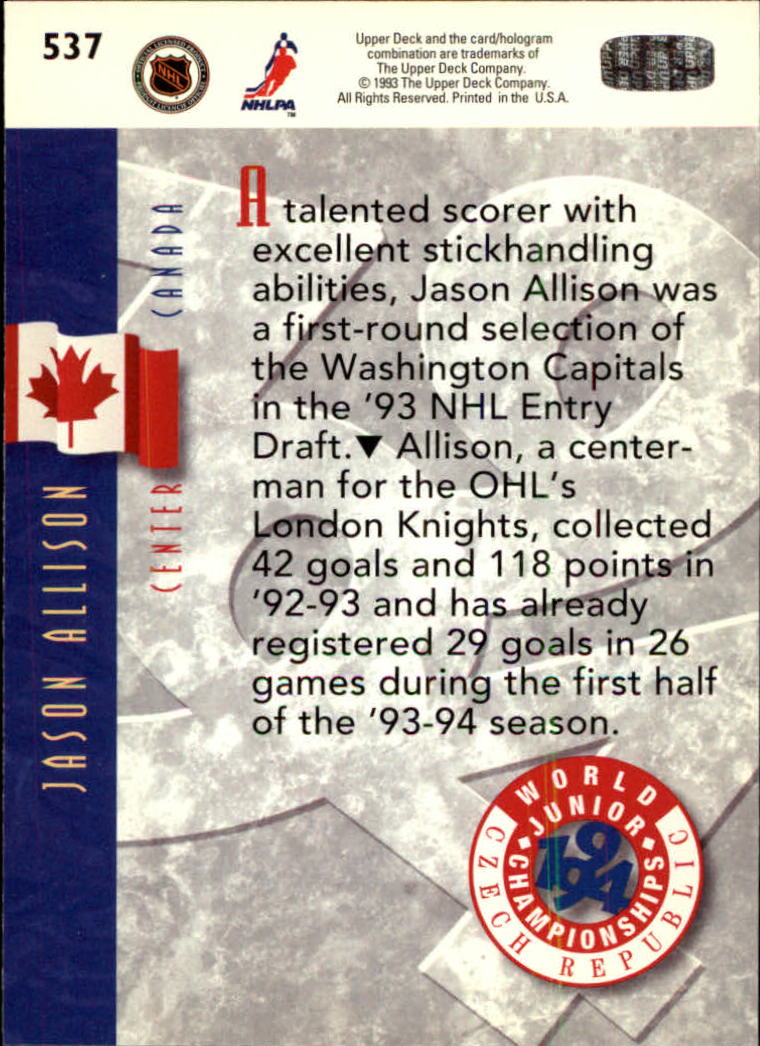 1993-94 Upper Deck #537 Jason Allison WJC RC back image