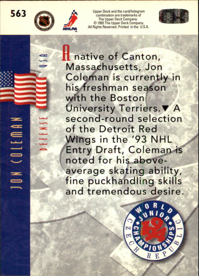 1993-94 Upper Deck #563 Jon Coleman WJC RC back image