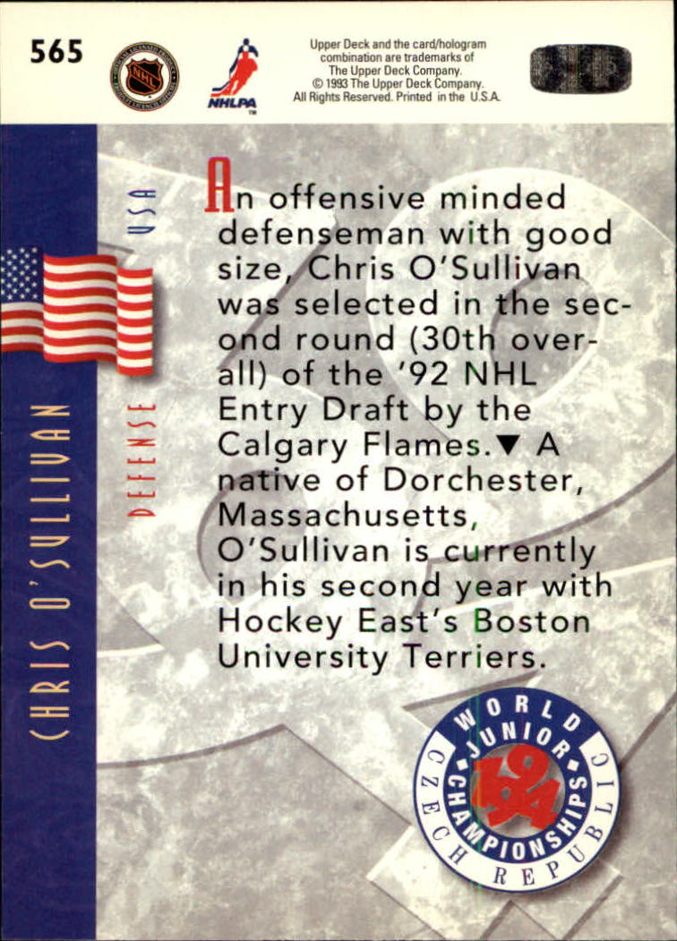 1993-94 Upper Deck #565 Chris O'Sullivan WJC RC back image