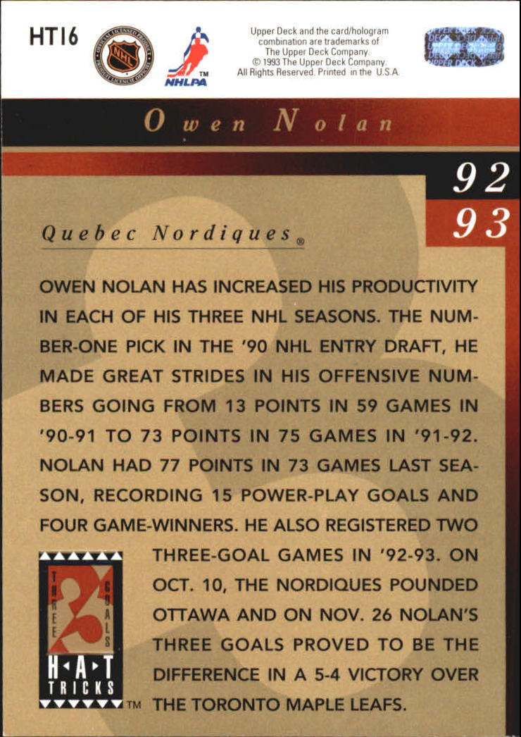 1993-94 Upper Deck Hat Tricks #HT16 Owen Nolan back image