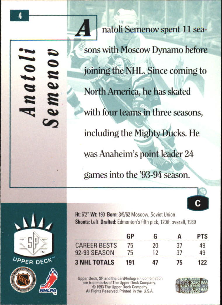 1993-94 Upper Deck SP Inserts #4 Anatoli Semenov back image