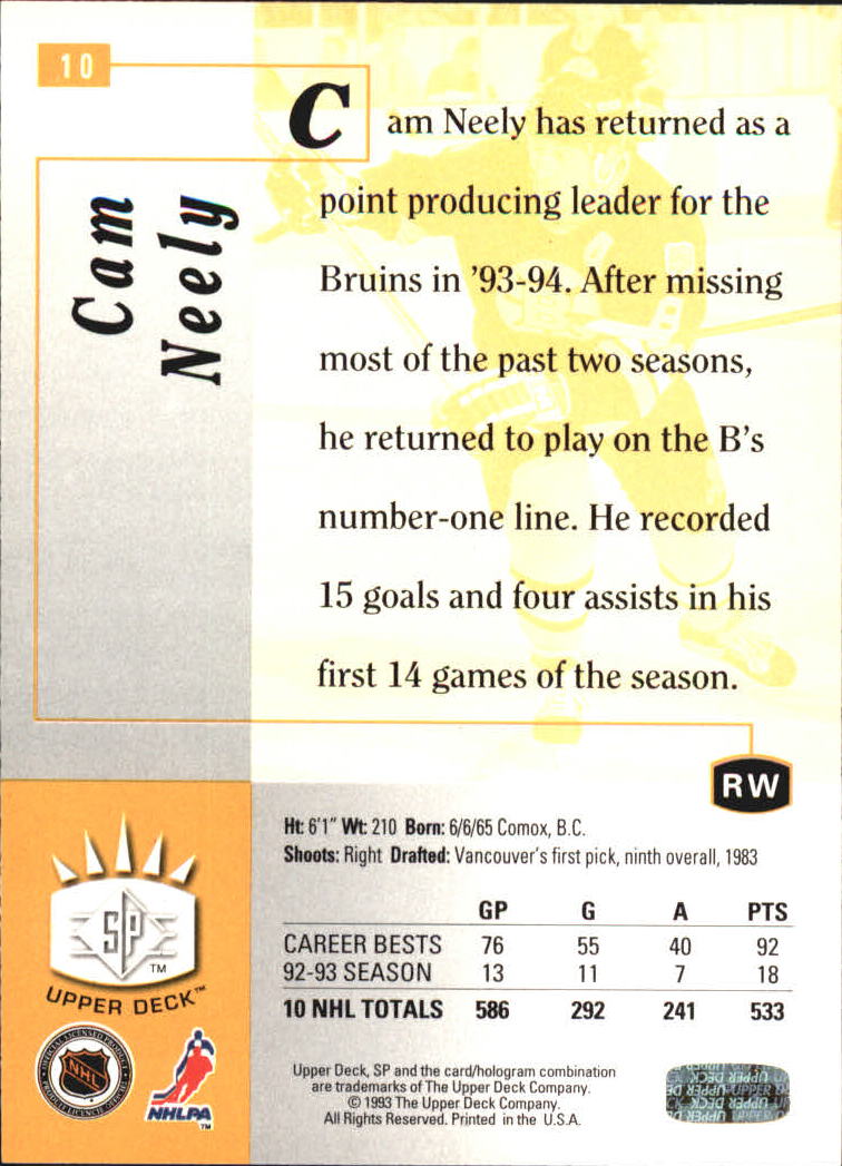 1993-94 Upper Deck SP Inserts #10 Cam Neely back image