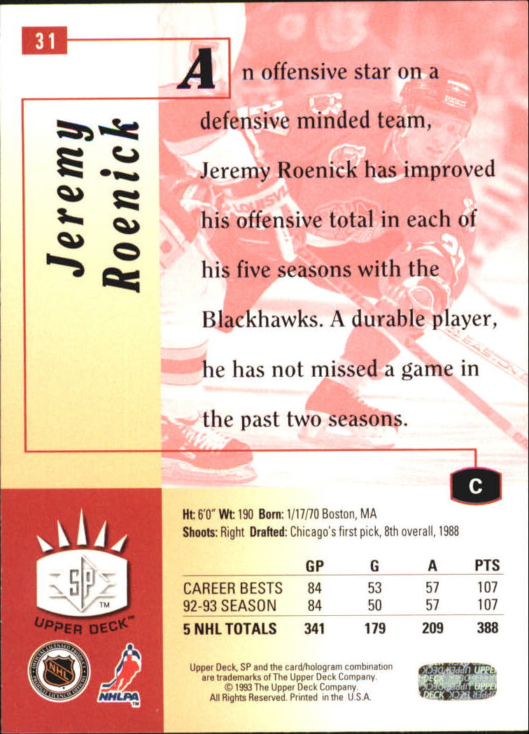 1993-94 Upper Deck SP Inserts #31 Jeremy Roenick back image