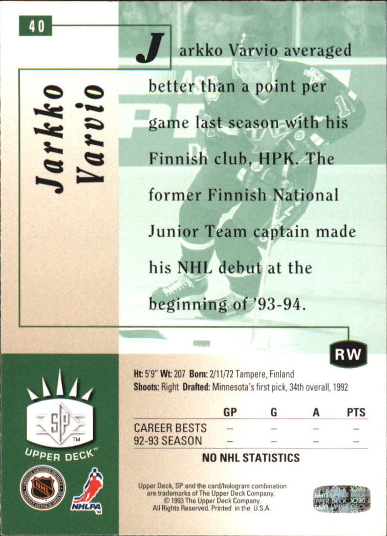 1993-94 Upper Deck SP Inserts #40 Jarkko Varvio back image