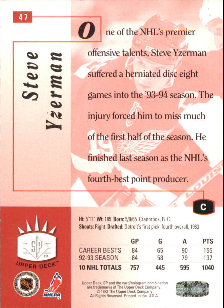 1993-94 Upper Deck SP Inserts #47 Steve Yzerman back image