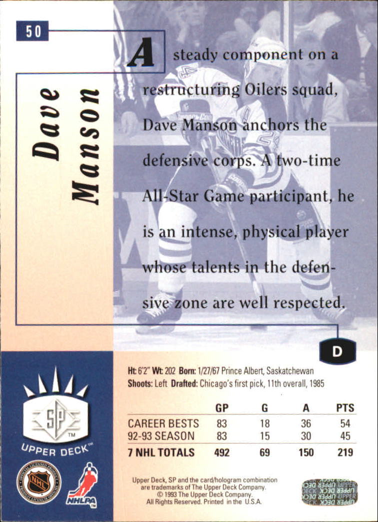 1993-94 Upper Deck SP Inserts #50 Dave Manson back image