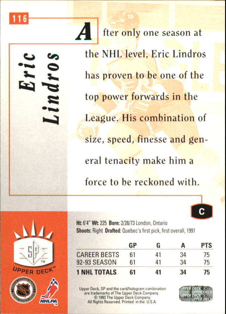 1993-94 Upper Deck SP Inserts #116 Eric Lindros back image