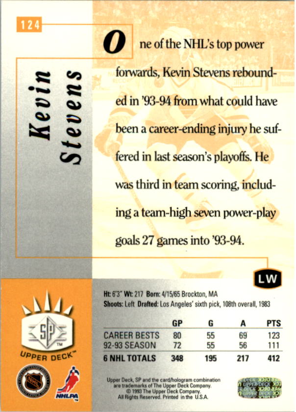 1993-94 Upper Deck SP Inserts #124 Kevin Stevens back image
