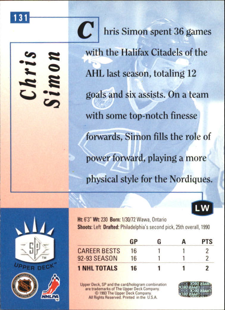 1993-94 Upper Deck SP Inserts #131 Chris Simon back image