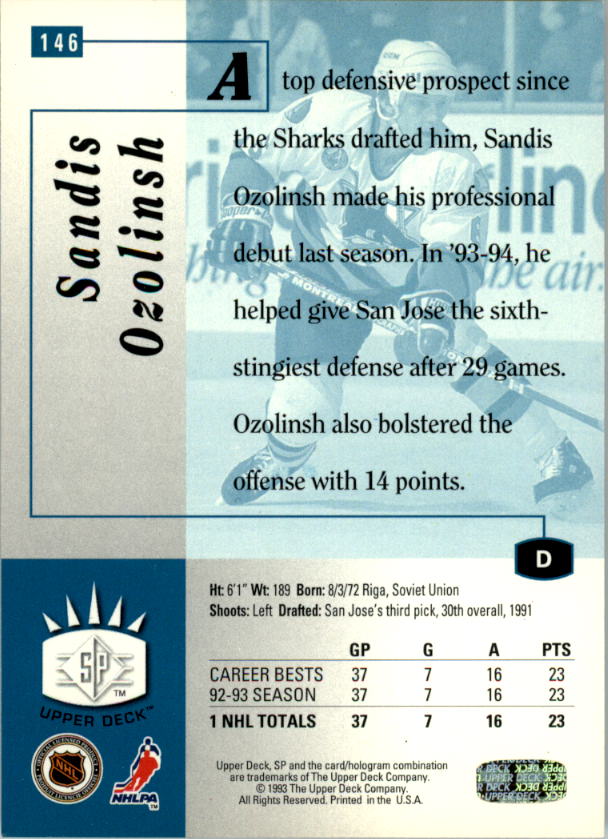 1993-94 Upper Deck SP Inserts #146 Sandis Ozolinsh back image