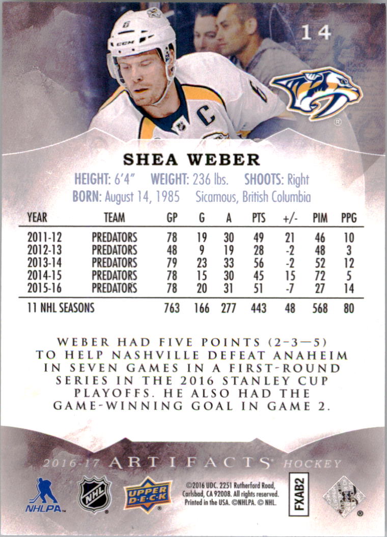 2016-17 Artifacts #14 Shea Weber back image
