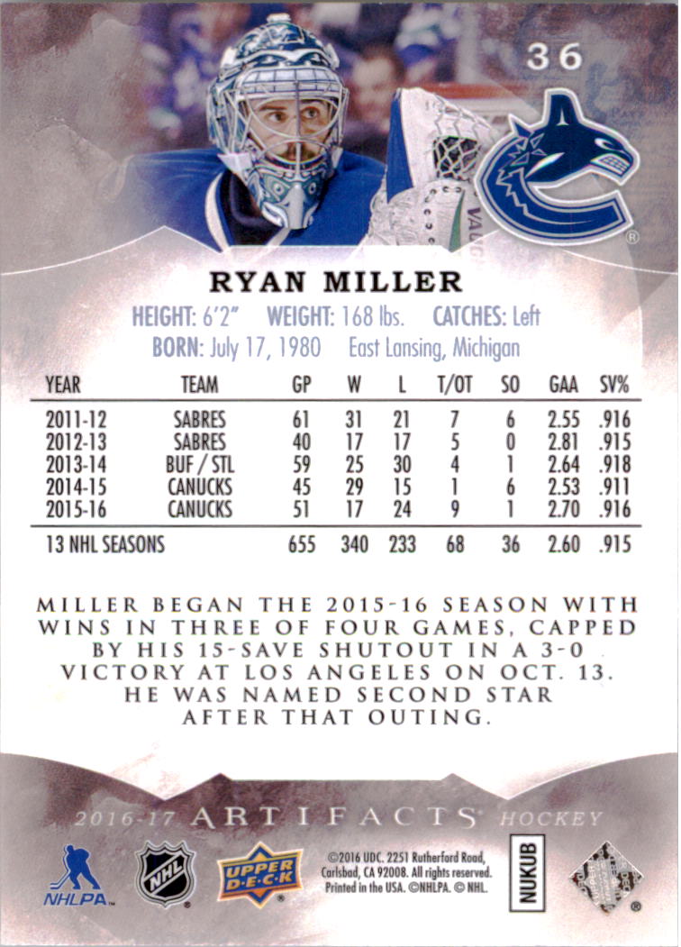 2016-17 Artifacts #36 Ryan Miller back image