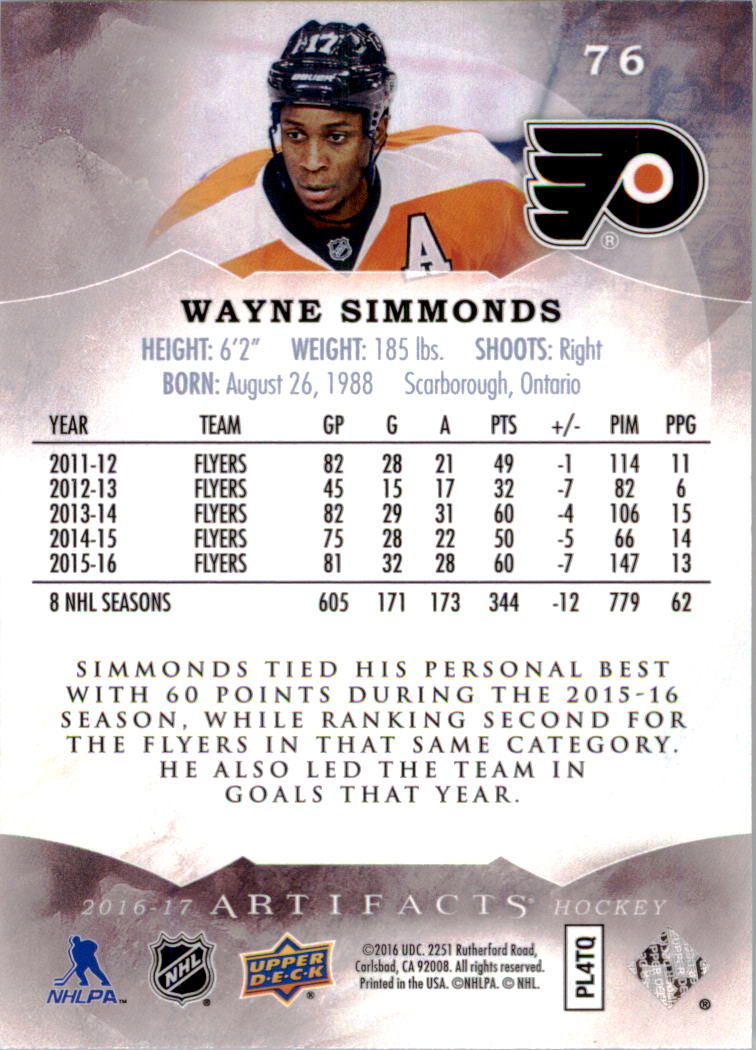 2016-17 Artifacts #76 Wayne Simmonds back image