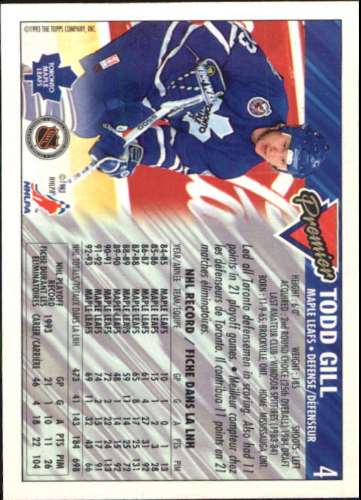 1993-94 OPC Premier #4 Todd Gill back image