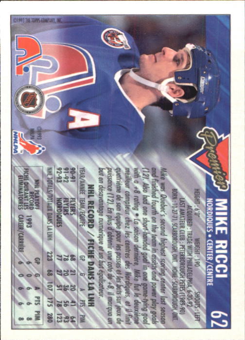 1993-94 OPC Premier #62 Mike Ricci back image
