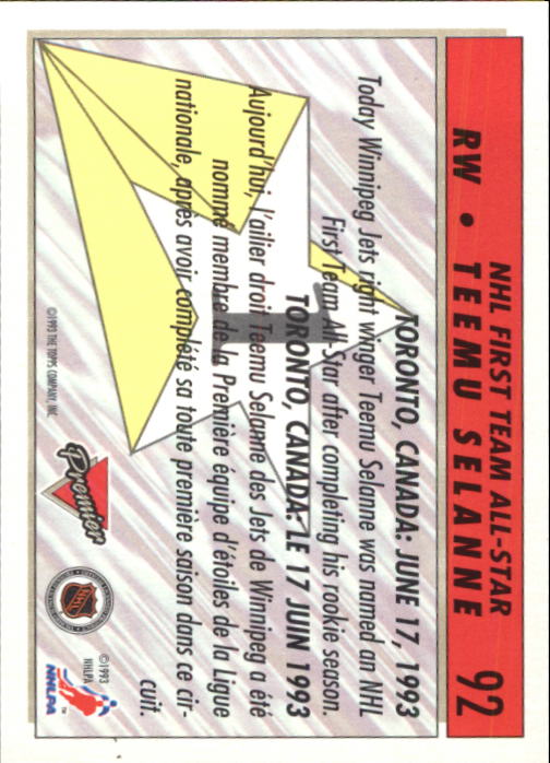 1993-94 OPC Premier #92 Teemu Selanne AS back image