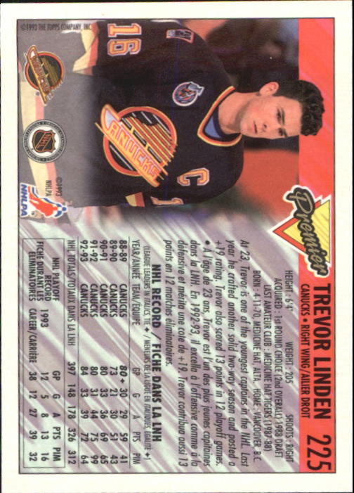 1993-94 OPC Premier #225 Trevor Linden back image