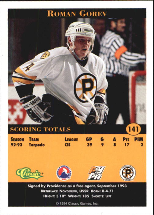 1994 Classic Pro Prospects #141 Roman Gorev back image