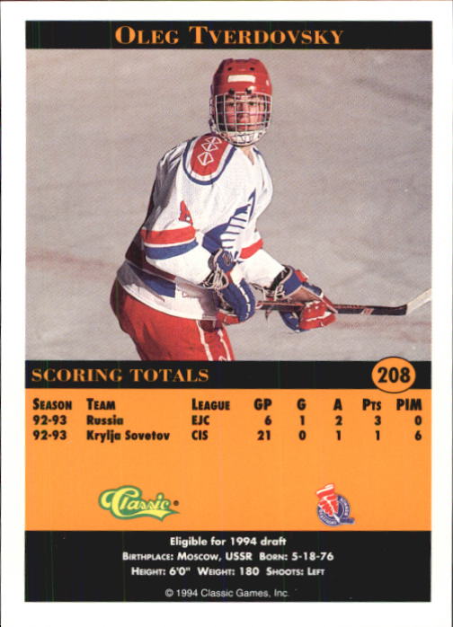 1994 Classic Pro Prospects #208 Oleg Tverdovsky back image