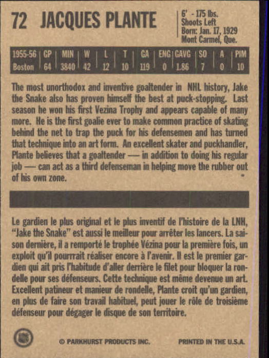 1994 Parkhurst Missing Link #72 Jacques Plante back image