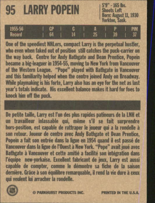 1994 Parkhurst Missing Link #95 Larry Popein back image