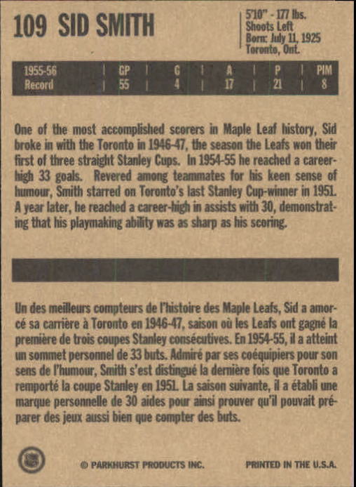 1994 Parkhurst Missing Link #109 Sid Smith back image