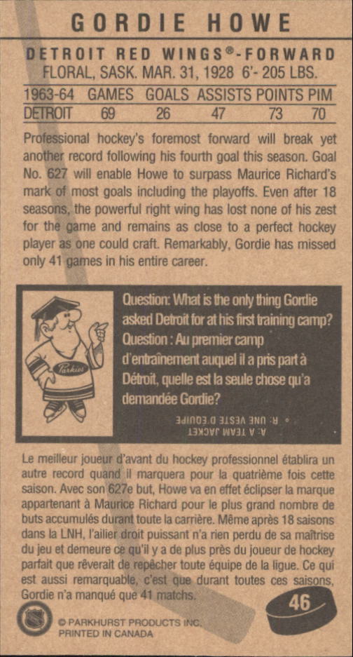 1994 Parkhurst Tall Boys #46 Gordie Howe back image