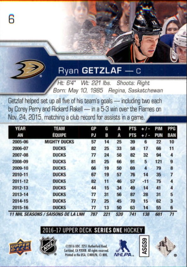 2016-17 Upper Deck #6 Ryan Getzlaf back image