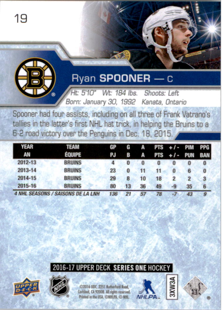 2016-17 Upper Deck #19 Ryan Spooner back image
