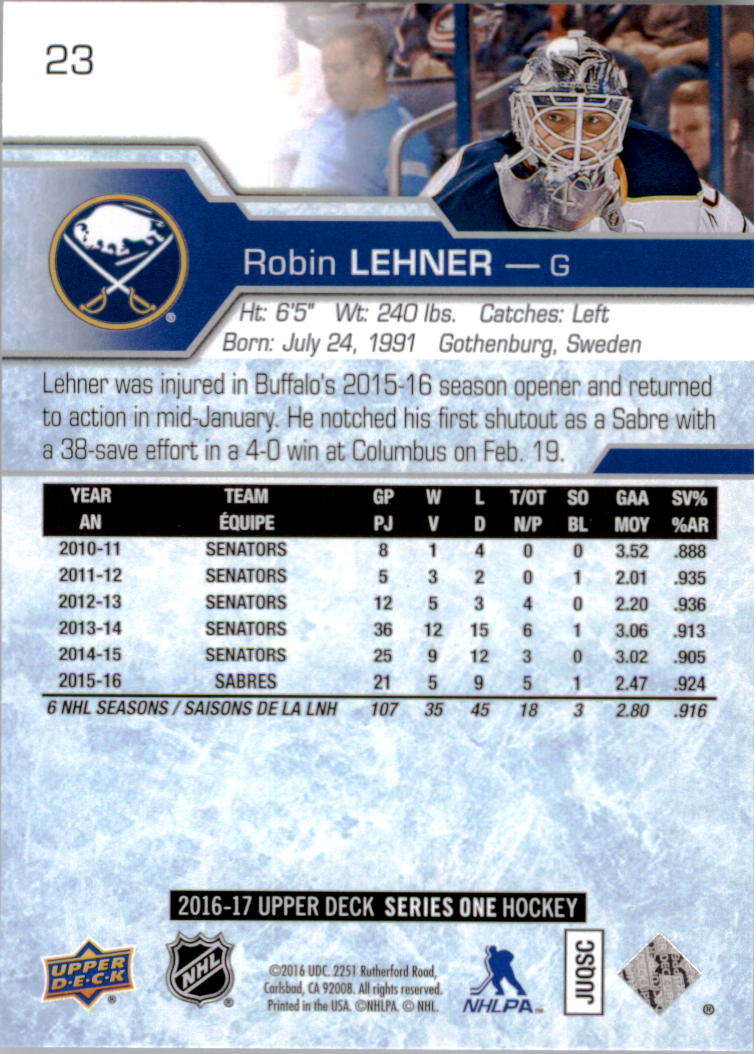 2016-17 Upper Deck #23 Robin Lehner back image