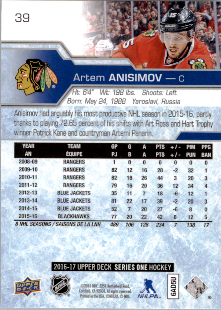 2016-17 Upper Deck #39 Artem Anisimov back image