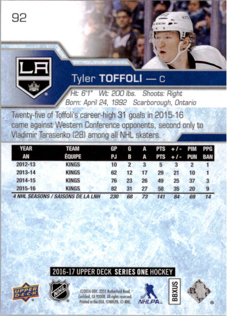 2016-17 Upper Deck #92 Tyler Toffoli back image