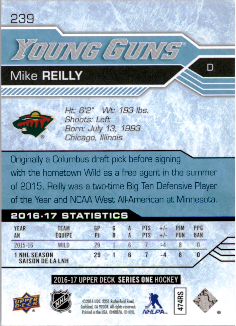 2016-17 Upper Deck #239 Mike Reilly YG RC back image