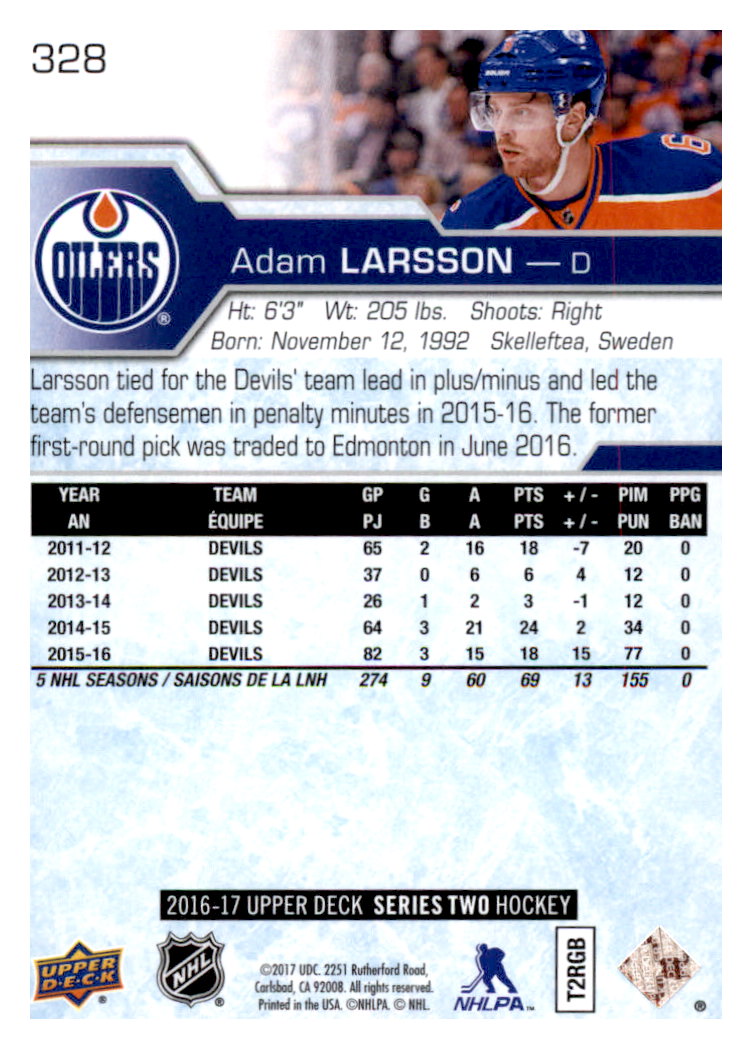 2016-17 Upper Deck #328 Adam Larsson back image