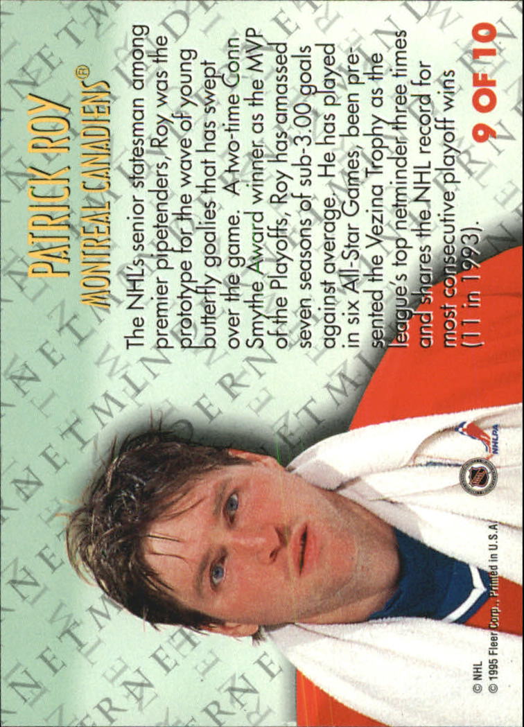 1994-95 Fleer Netminders #9 Patrick Roy back image