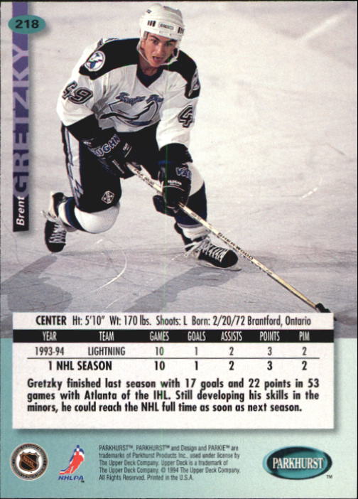 1994-95 Parkhurst #218 Brent Gretzky back image