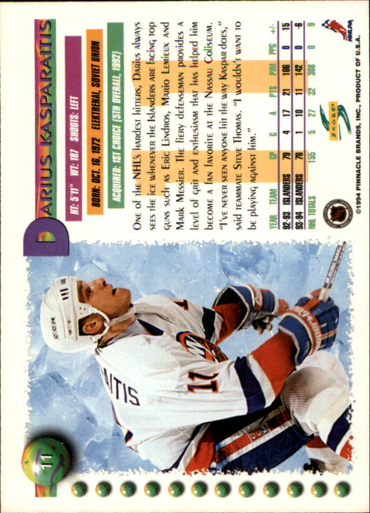 1994-95 Score #11 Darius Kasparaitis back image