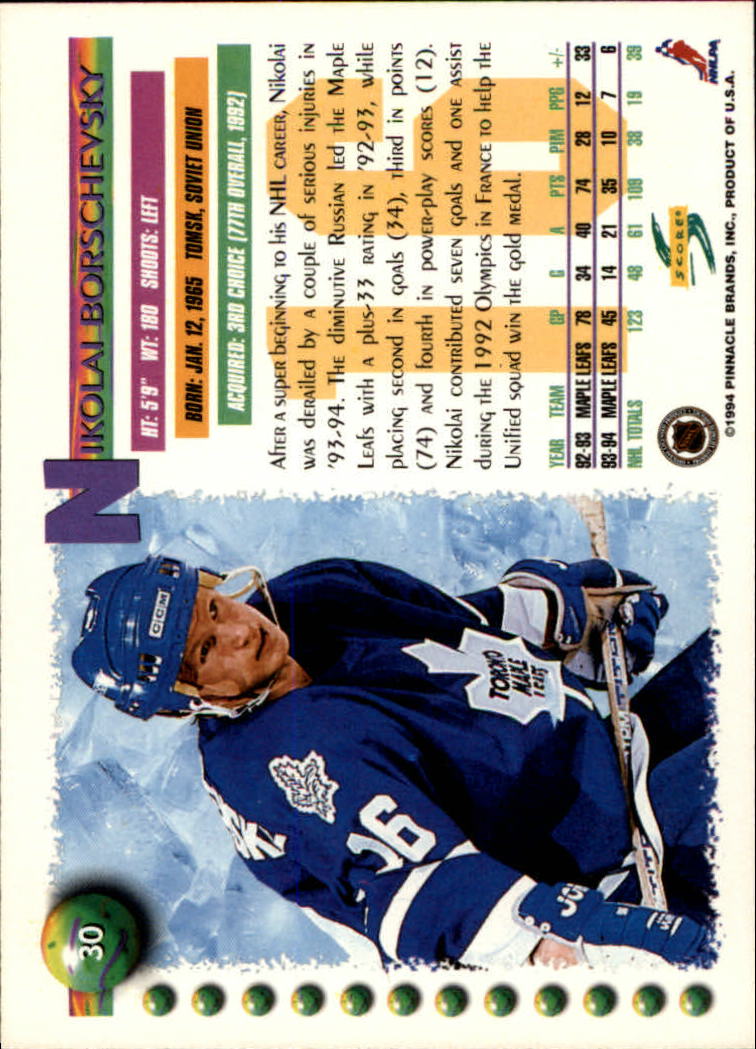 1994-95 Score #30 Nikolai Borschevsky back image