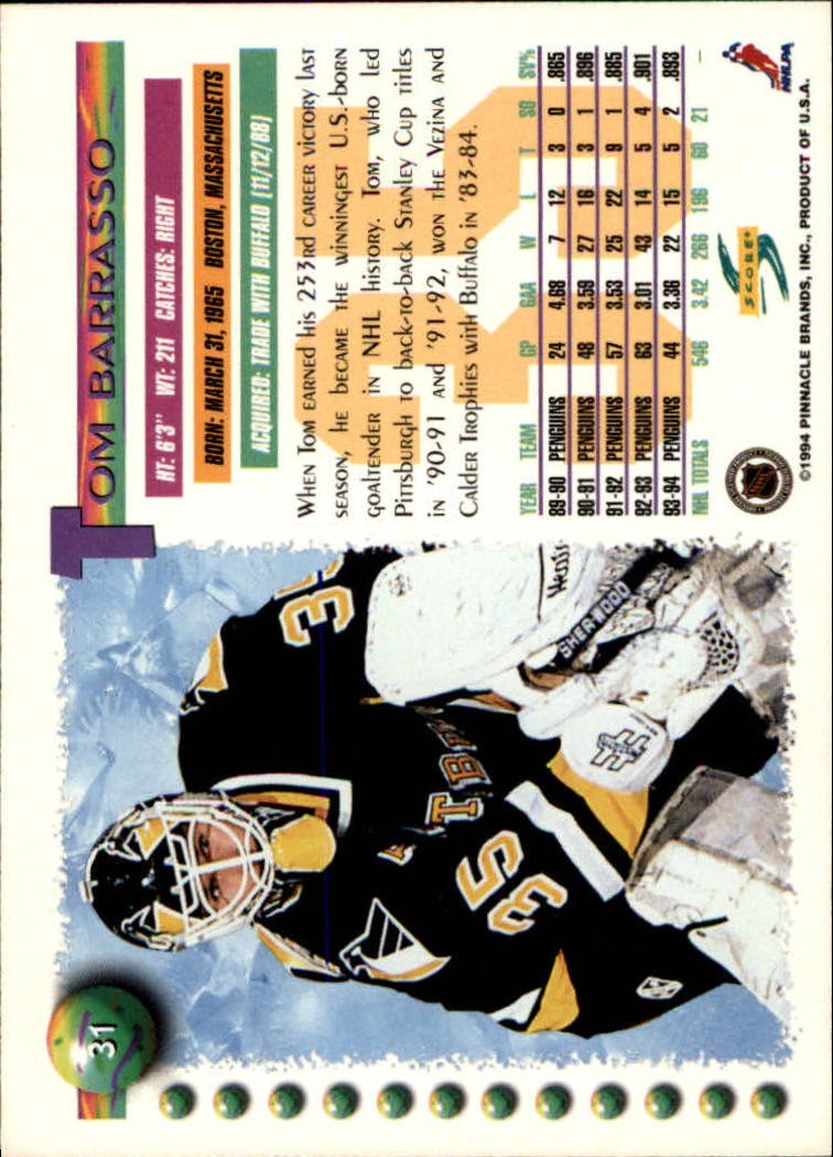 1994-95 Score #31 Tom Barrasso back image