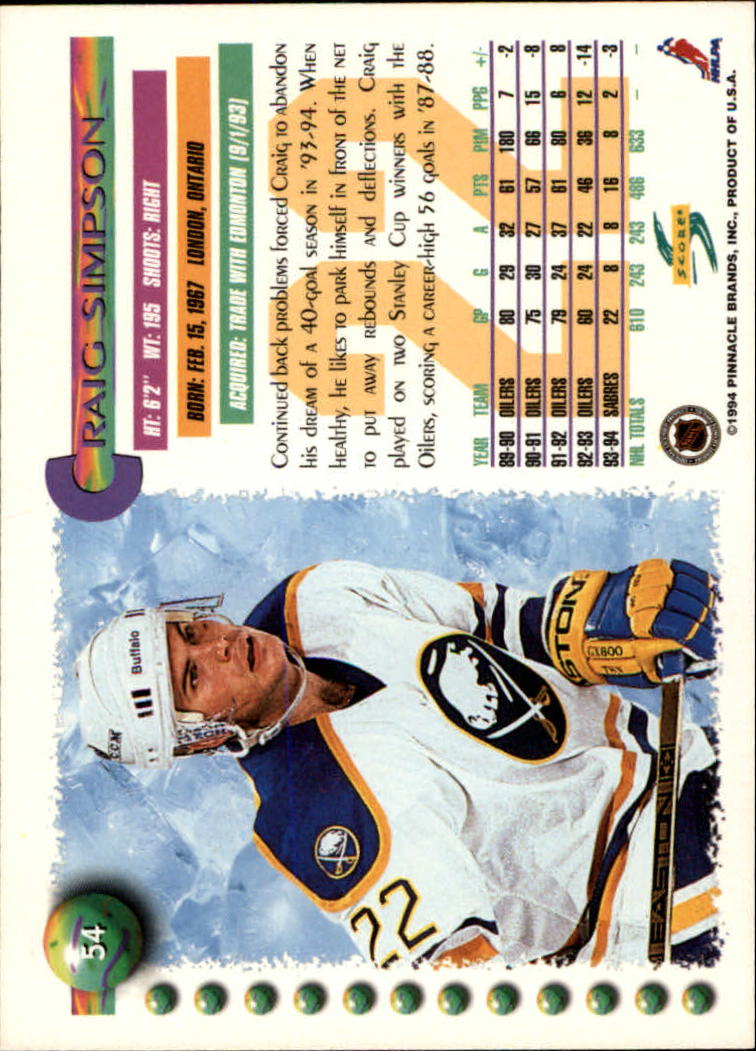 1994-95 Score #54 Craig Simpson back image