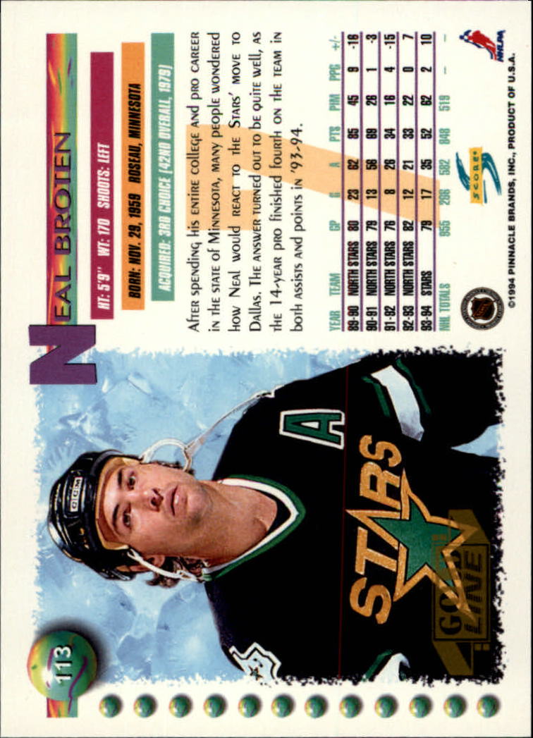 1994-95 Score Gold Line #113 Neal Broten back image