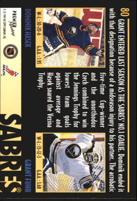 1994-95 Topps Premier #80 Dominik Hasek/Grant Fuhr DUO back image