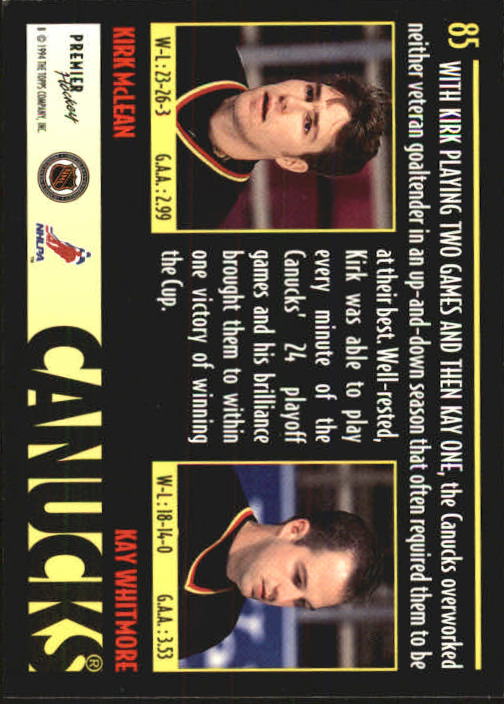 1994-95 Topps Premier #85 Kirk McLean/Kay Whitmore DUO back image