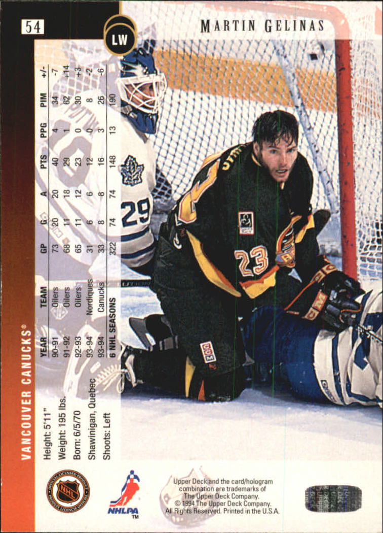 1994-95 Upper Deck #54 Martin Gelinas back image