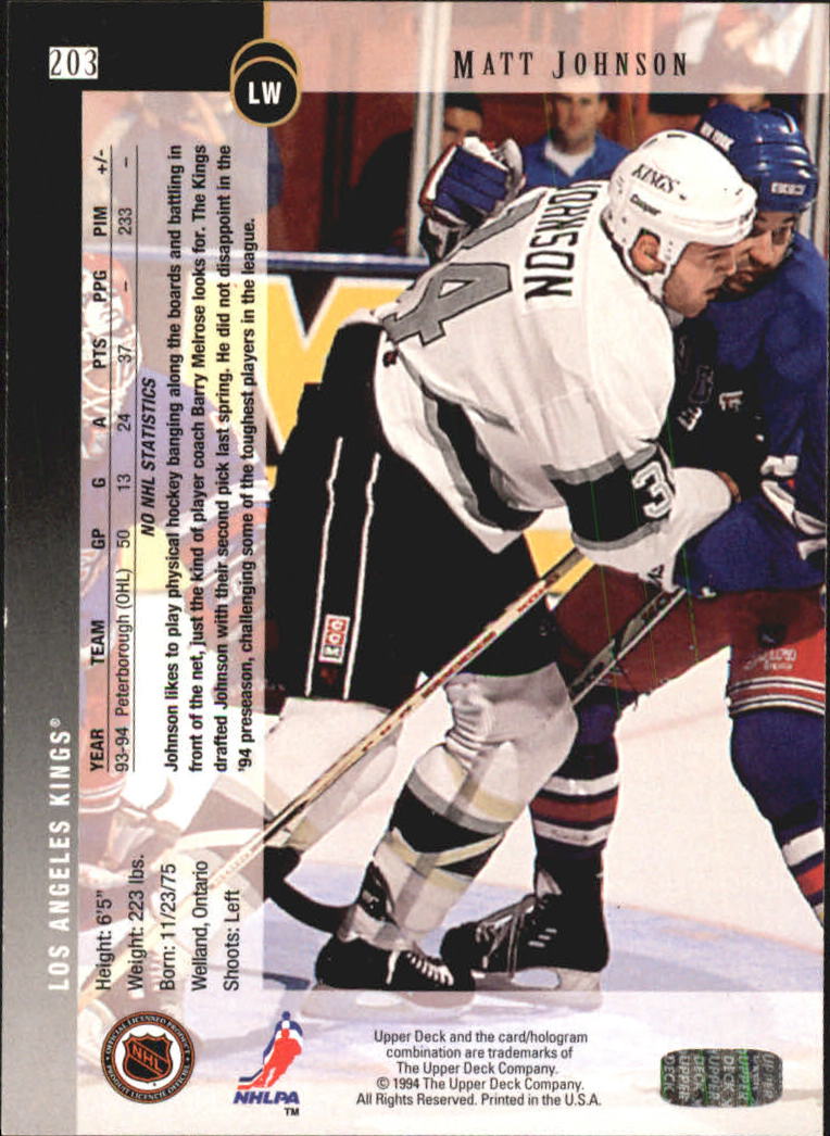 1994-95 Upper Deck #203 Matt Johnson RC back image