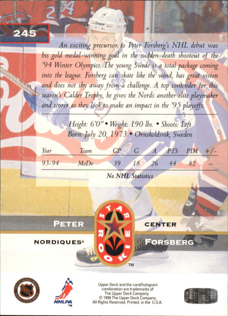 1994-95 Upper Deck #245 Peter Forsberg SR back image