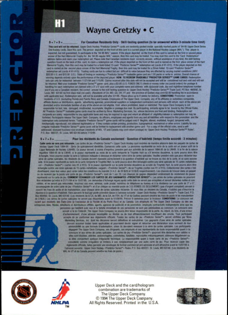 1994-95 Upper Deck Predictor Hobby #H1 Wayne Gretzky back image