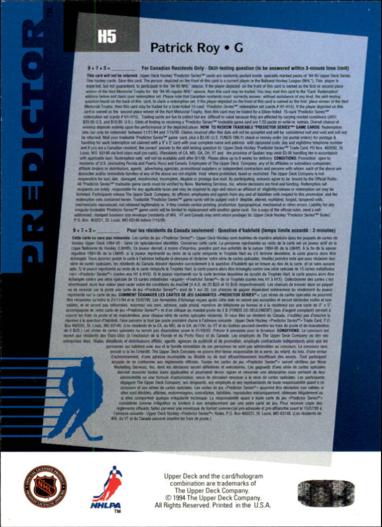 1994-95 Upper Deck Predictor Hobby #H5 Patrick Roy back image